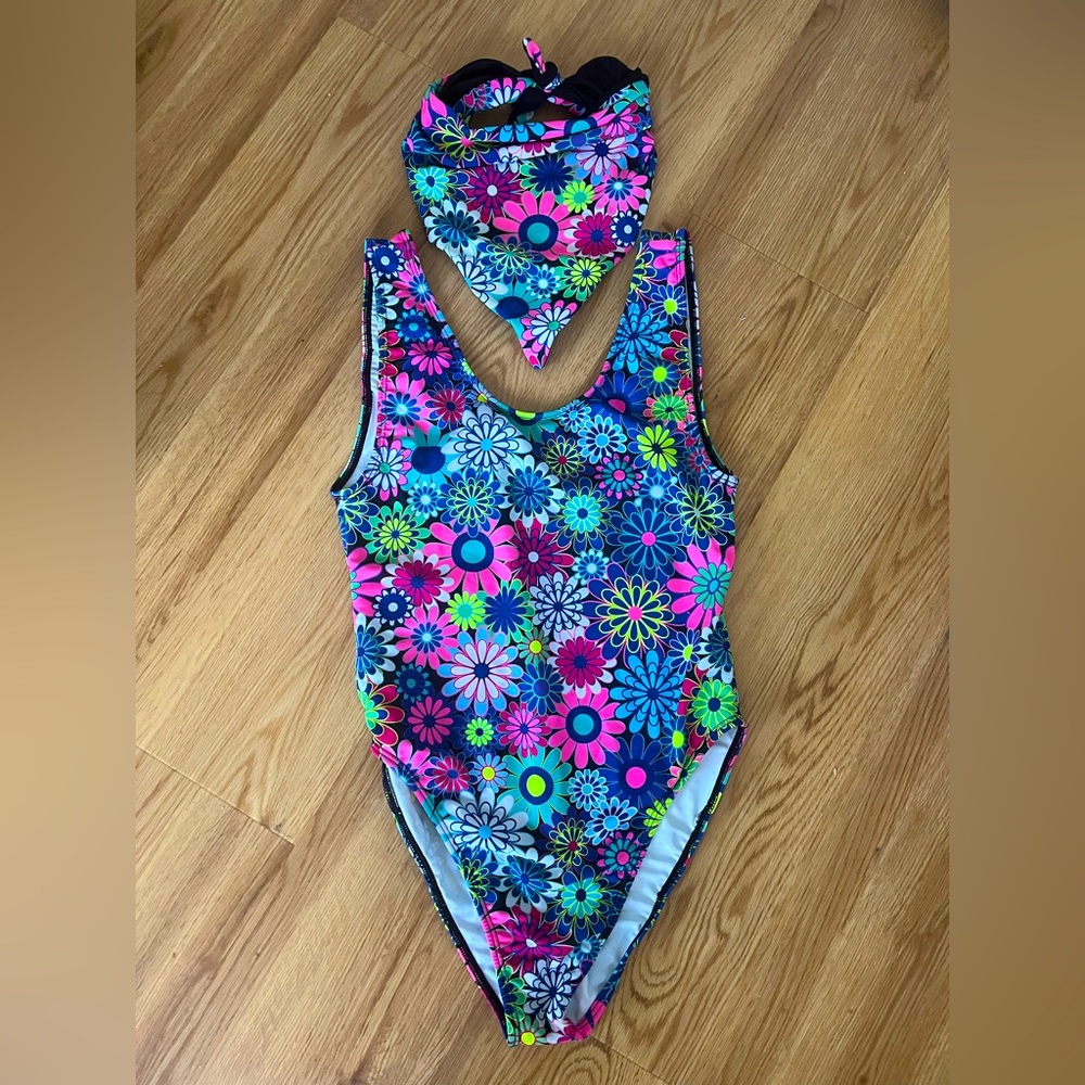 iHeartRaves Neon Floral One-Piece Swimsuit in Pink, Blue, Green, Yellow